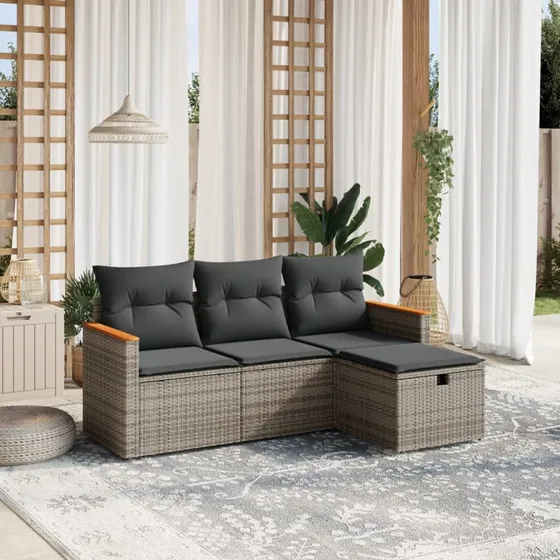 Havesofasæt 4 dele polyrattan med hynder - Grå