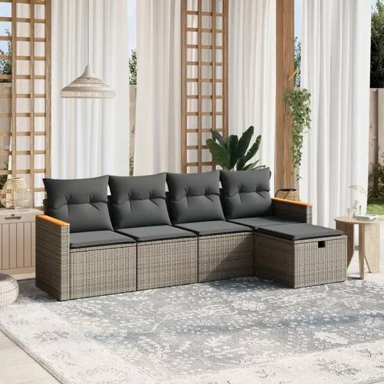 Gråt 5-dele polyrattan sofasæt med hynder