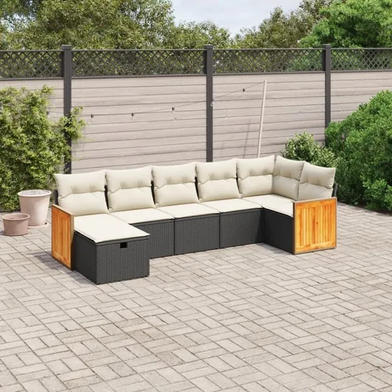 Havesofasæt 7 dele i sort polyrattan med hynder