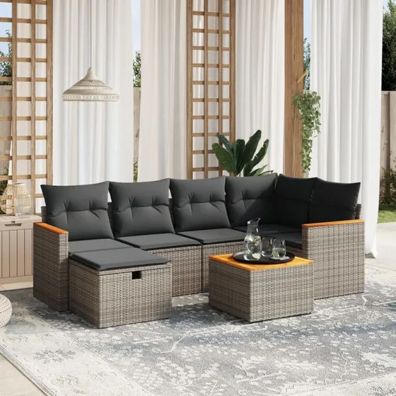 Havesofa sæt 7 dele i polyrattan med hynder - grå