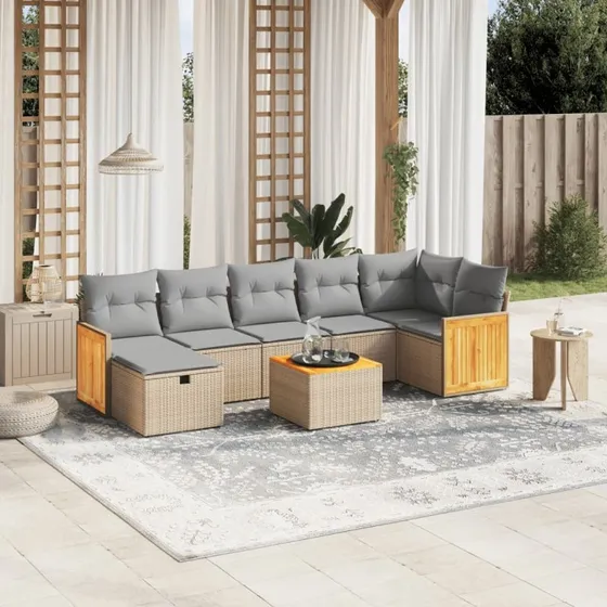 Havesofasæt 8 dele i polyrattan med hynder, beige