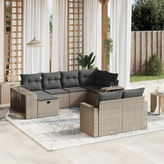 Havesofasæt 10 dele i grå polyrattan med hynder