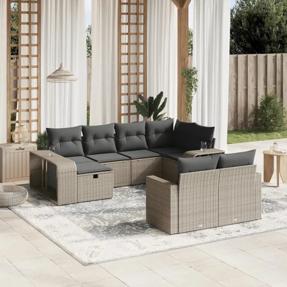 Havesofasæt 10 dele i lysegrå polyrattan med hynder