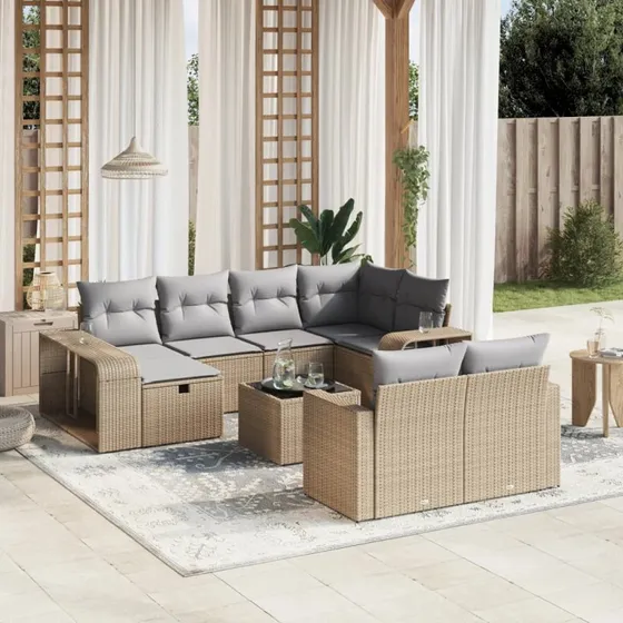 Havesofasæt 11 dele i polyrattan med hynder, beige
