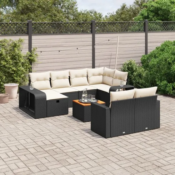 Havesofasæt 11 dele i sort polyrattan med hynder