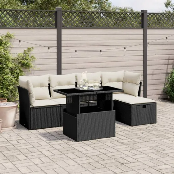 Sofasæt til haven 6 dele i sort polyrattan med hynder