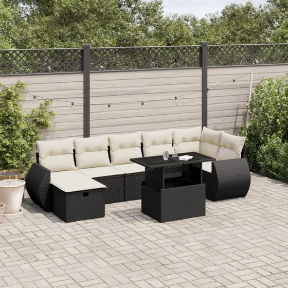 Sofasæt til haven 8 dele i sort polyrattan (inkl. hynder)