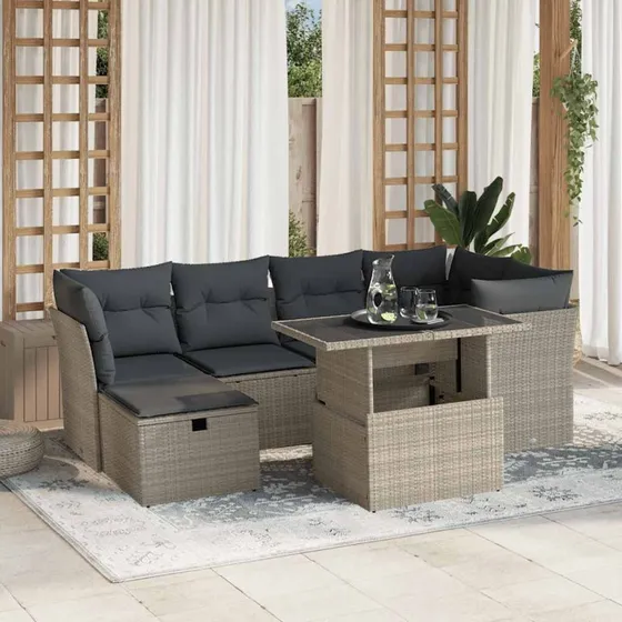 Havesofasæt 7 dele i lysegrå polyrattan inkl. hynder