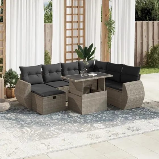 Havesofasæt 8 dele i lysegrå polyrattan med hynder