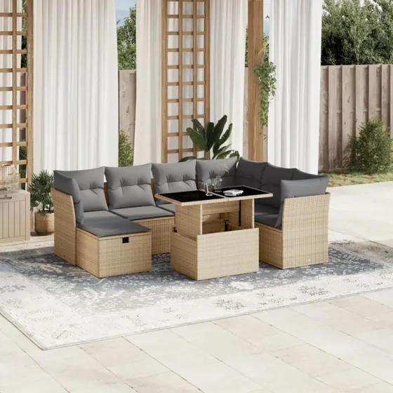 Havesofasæt 8 dele i polyrattan beige med hynder