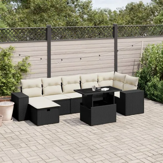 Havesofasæt 8 dele i sort polyrattan med hynder