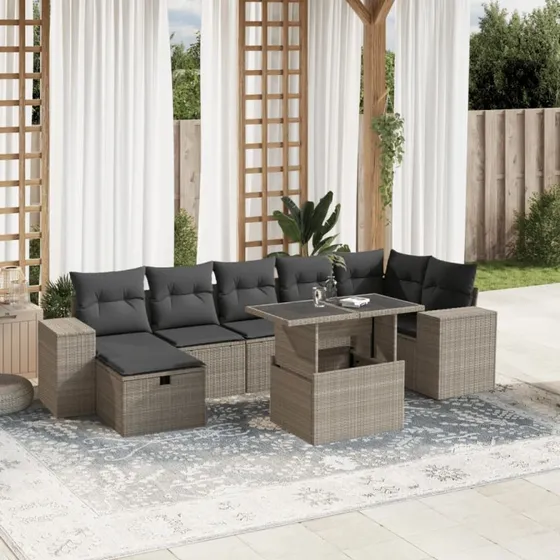 Havesofasæt 8 dele i polyrattan med hynder, lysegrå