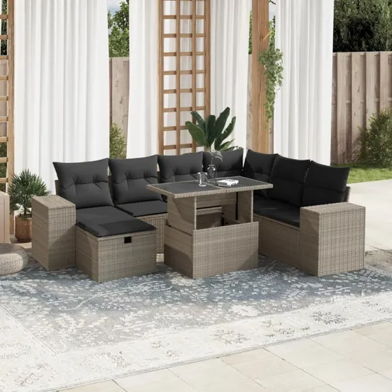 Havesofasæt 8 dele i polyrattan lysegrå m. hynder