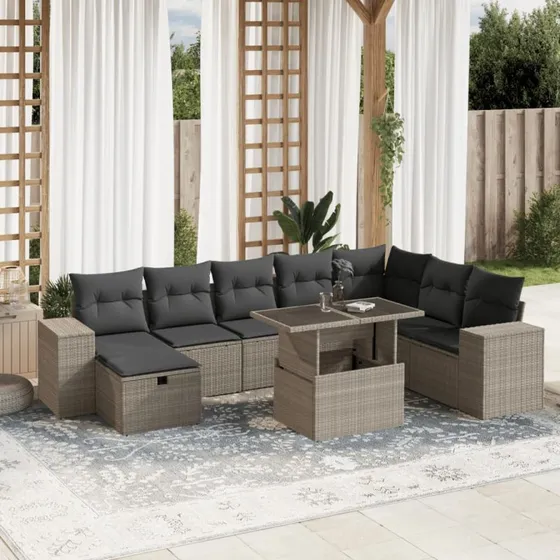 Havesofasæt 9 dele i lysegrå polyrattan med hynder