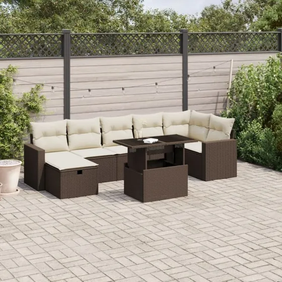 Havesofasæt 8 dele i brun polyrattan med hynder