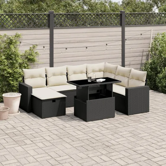 Havesofasæt i polyrattan 8 dele med hynder - sort