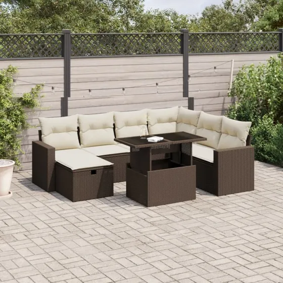 Havesofasæt 8 dele i brun polyrattan med hynder