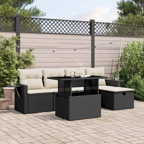 Havesofasæt 6 dele i sort polyrattan med hynder