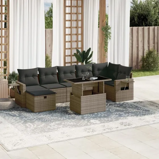 Havesofasæt 8 dele i grå polyrattan med hynder