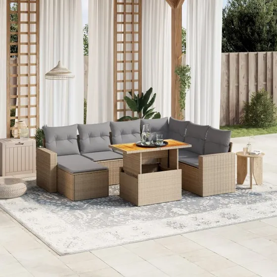 Havesofasæt 8 dele i polyrattan med hynder, beige