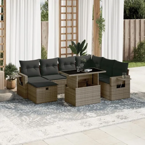 Havesofasæt 8 dele i polyrattan med hynder, grå