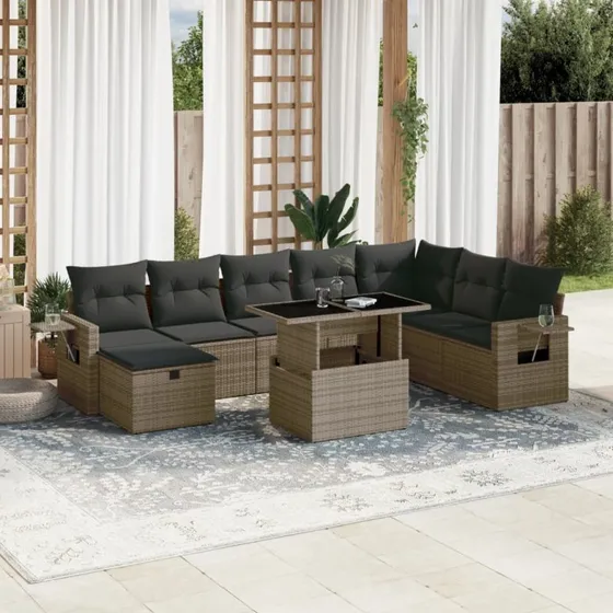 Havesofasæt 9 dele i polyrattan med hynder - grå