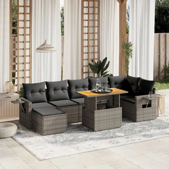 Havesofasæt 8 dele i grå polyrattan med hynder