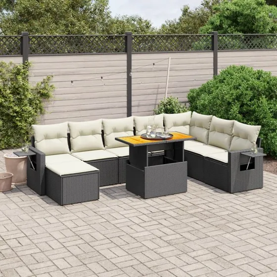 Havesofasæt 9 dele i polyrattan med hynder - sort