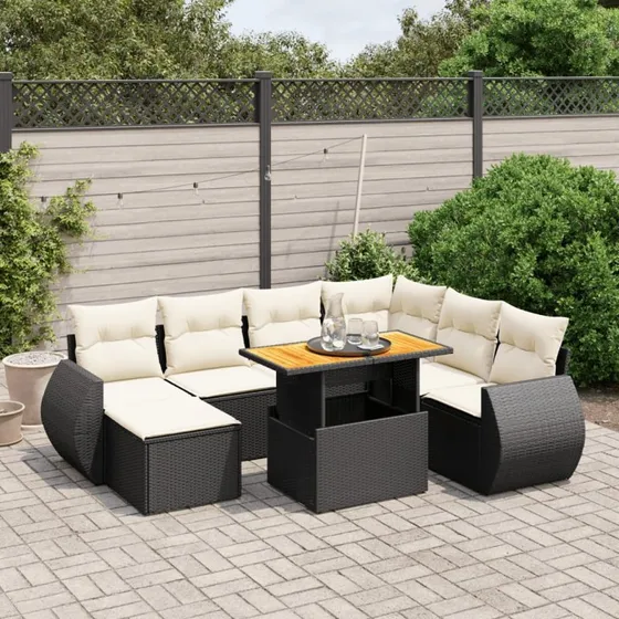 Havesofasæt 8 dele i sort polyrattan inkl. hynder