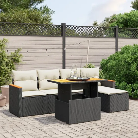 Havesofasæt 6 dele i sort polyrattan med hynder