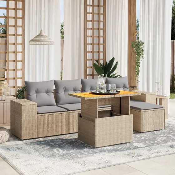 Sofasæt til haven 6 dele i polyrattan – beige