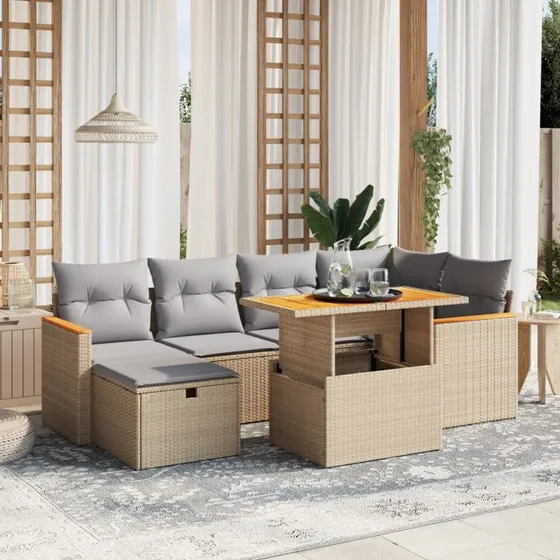 Sofasæt til haven 7 dele i beige polyrattan
