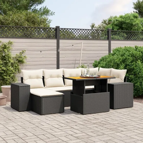 Havesofasæt 7 dele i sort polyrattan med hynder