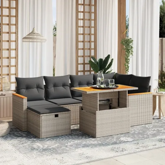Havesofa sæt 7 dele grå polyrattan med hynder