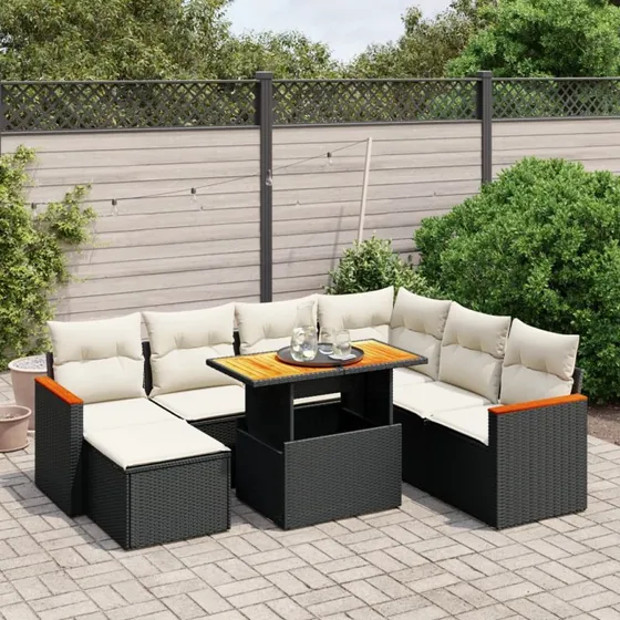 Havesofasæt 8 dele i sort polyrattan inkl. hynder
