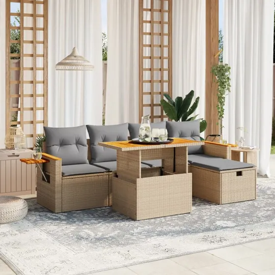 Sofasæt til haven 6 dele i polyrattan med hynder - beige