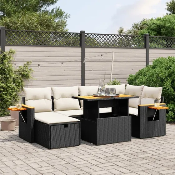 Havesofasæt 7 dele i sort polyrattan med hynder