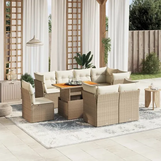 Polyrattan havemøbelsæt 9 dele med hynder - beige