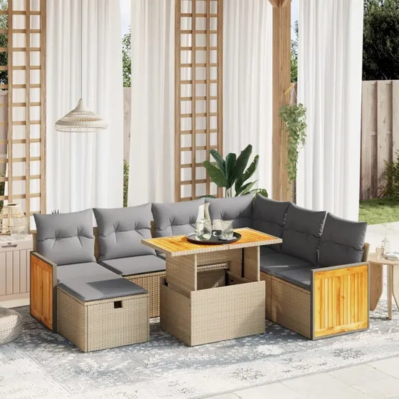 Havesæt 8 dele i polyrattan med hynder – beige