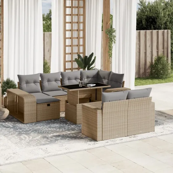 Havesofasæt 11 dele i beige polyrattan med hynder
