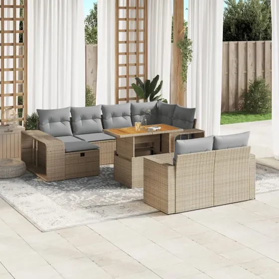 Havesofasæt 11 dele i beige polyrattan med hynder