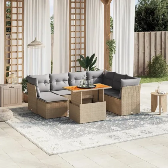 Havesofasæt 8 dele i polyrattan med hynder, beige