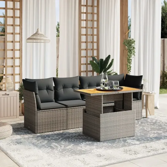 Havesofasæt 5 dele med hynder i grå polyrattan