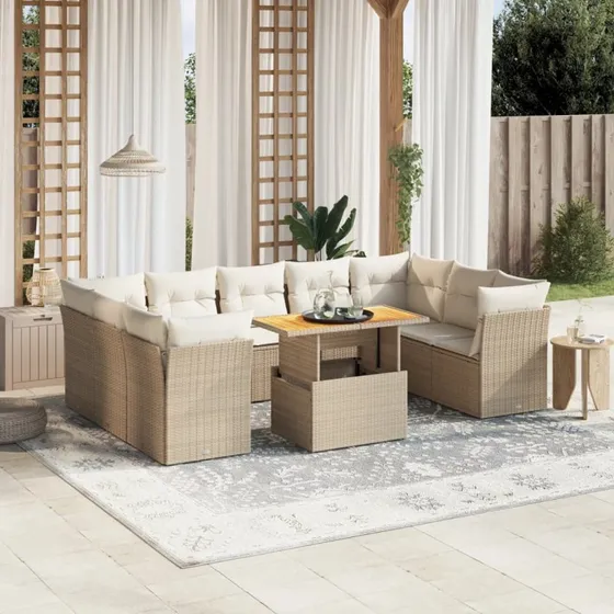 Havesofasæt 10 dele i polyrattan med hynder, beige