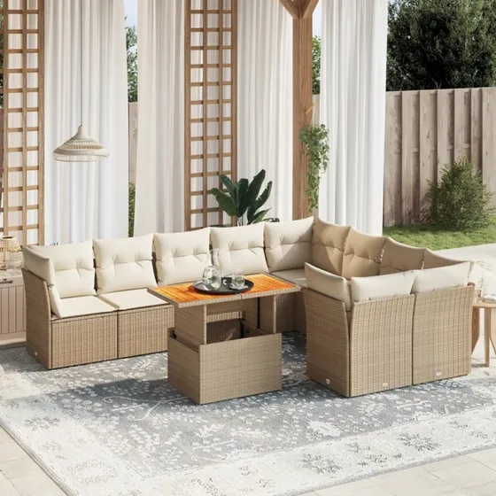 Havesofasæt 10 dele i polyrattan med hynder, beige