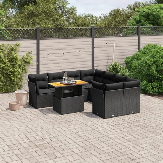 Havesofasæt 9 dele i polyrattan med hynder - sort