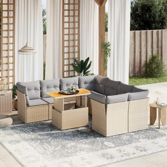 Havesofasæt 9 dele i polyrattan – beige med hynder