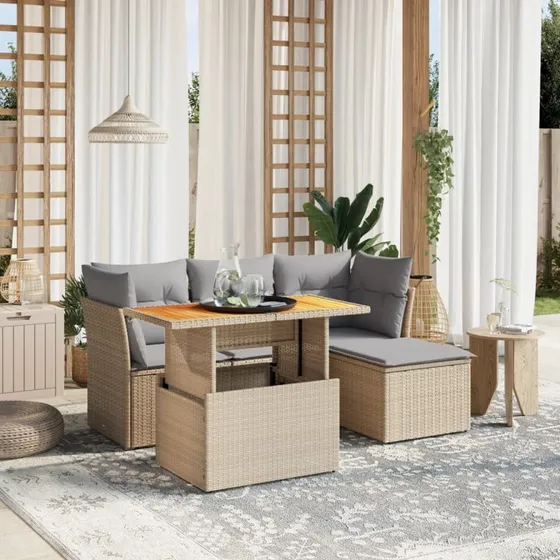 Havesæt i polyrattan 6 dele med hynder - Beige
