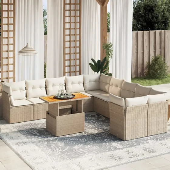 Havesofasæt 11 dele polyrattan beige m. hynder
