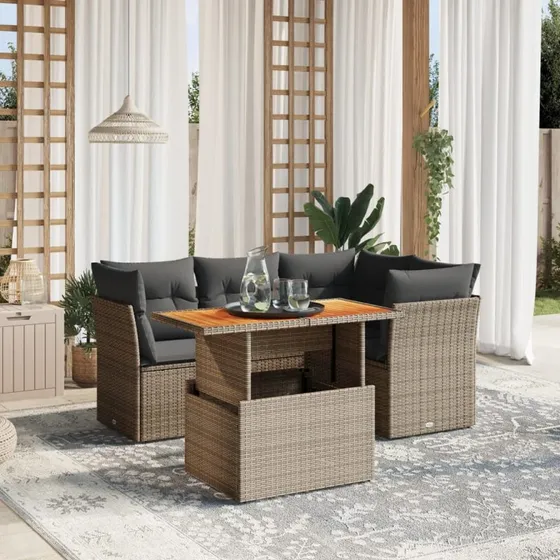 Sofasæt 5 dele i polyrattan med hynder, grå